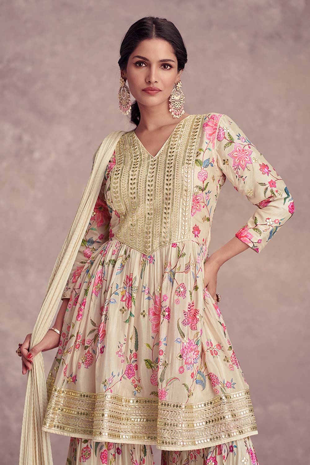 Light Yellow Chiffon Embroidered Salwar Kameez