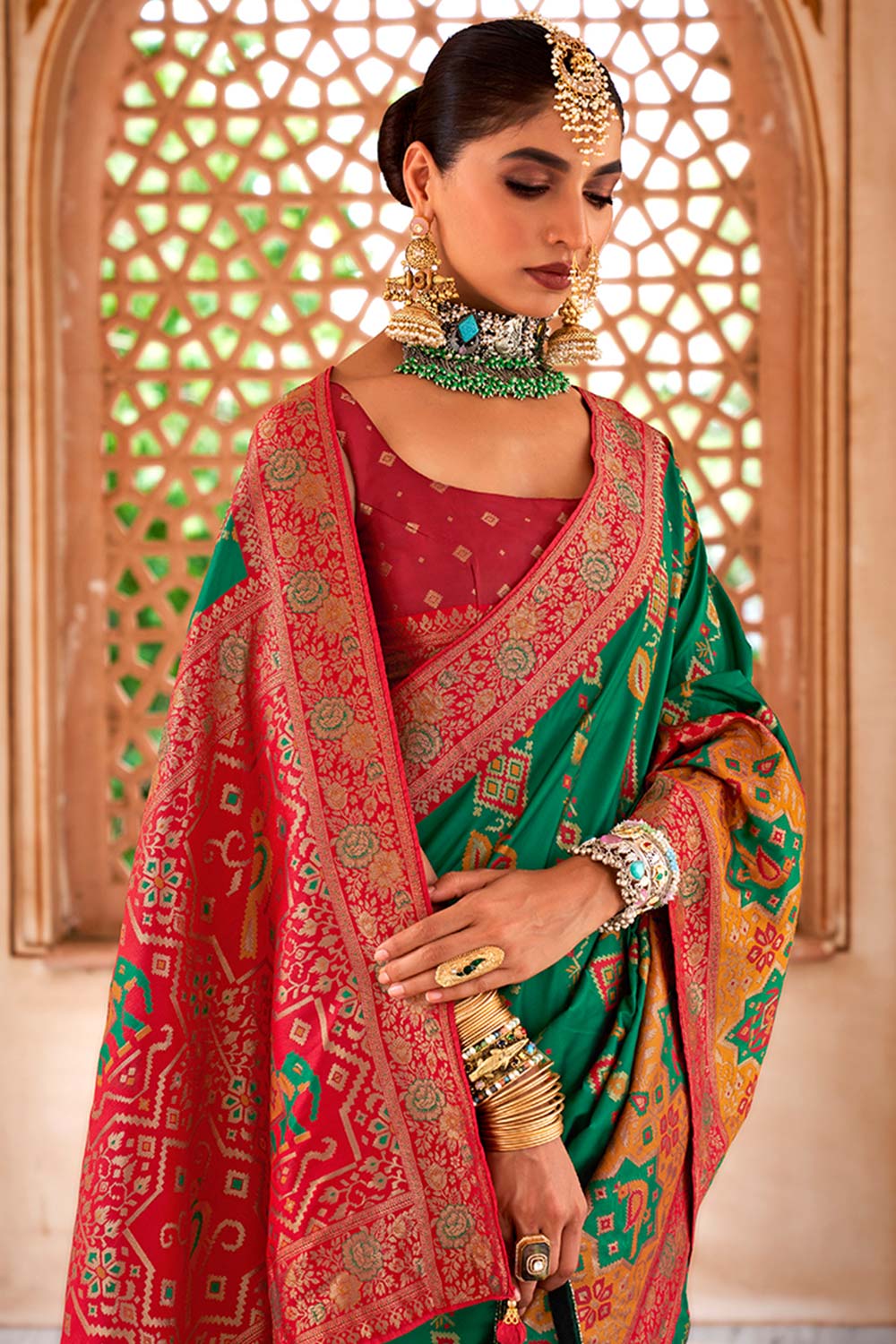 Banarasi Silk Zari Green Contemporary Saree