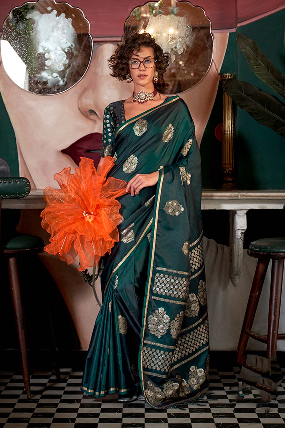 Weaving Zari Pure Satin Silk Traditional Saree in Dark Green