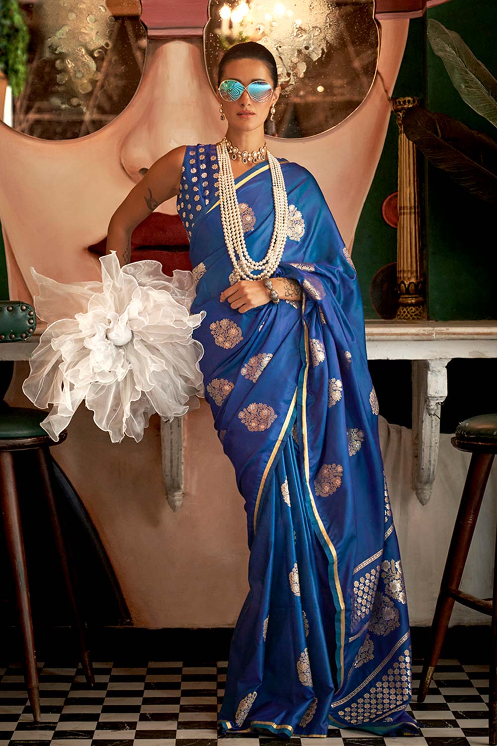 Pure Satin Silk Weaving Zari Traditional Saree in Blue