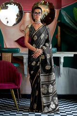 Pure Satin Silk Black Weaving Zari Contemporary Saree