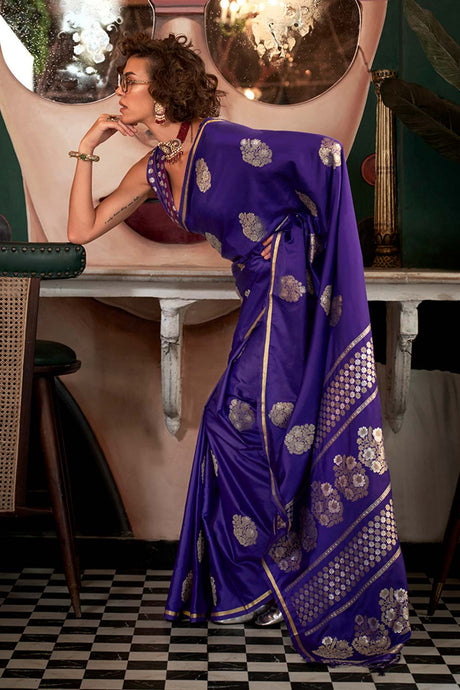 Weaving Zari Pure  Satin Silk Classic Saree in Purple