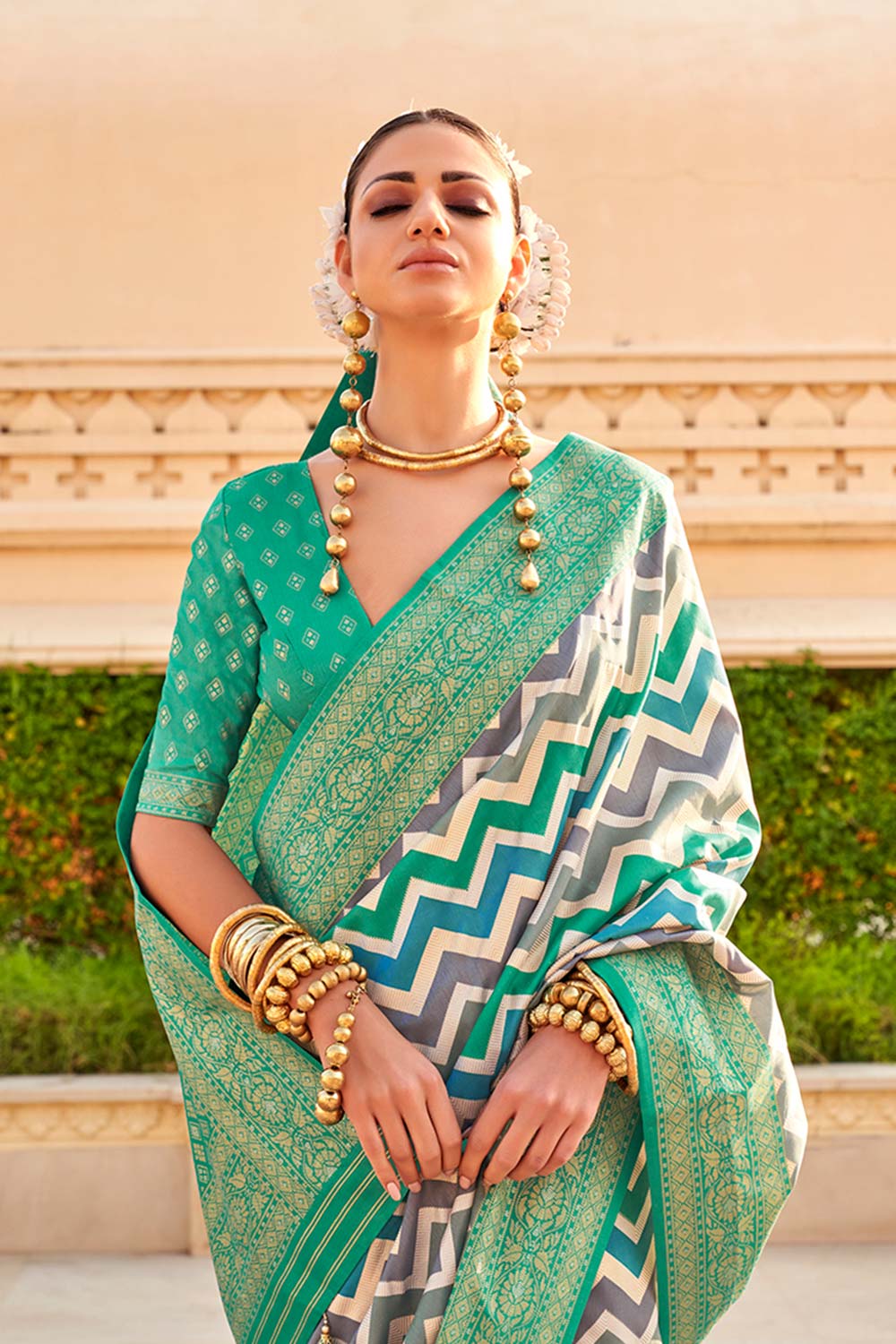 Silk Turquoise Color Foliage Prints Saree