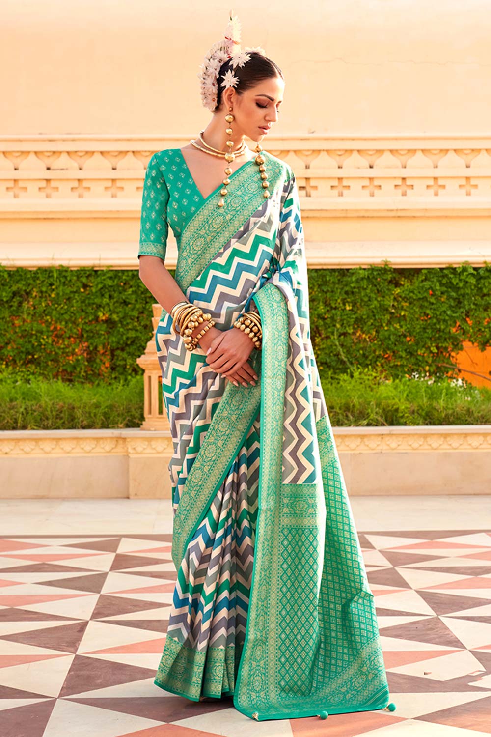 Silk Turquoise Color Foliage Prints Saree