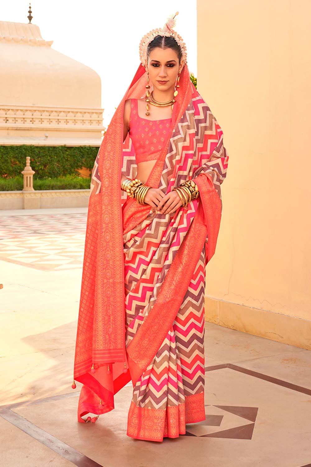 Silk Peach Foil Print Trendy Saree