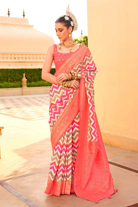 Silk Peach Foil Print Trendy Saree