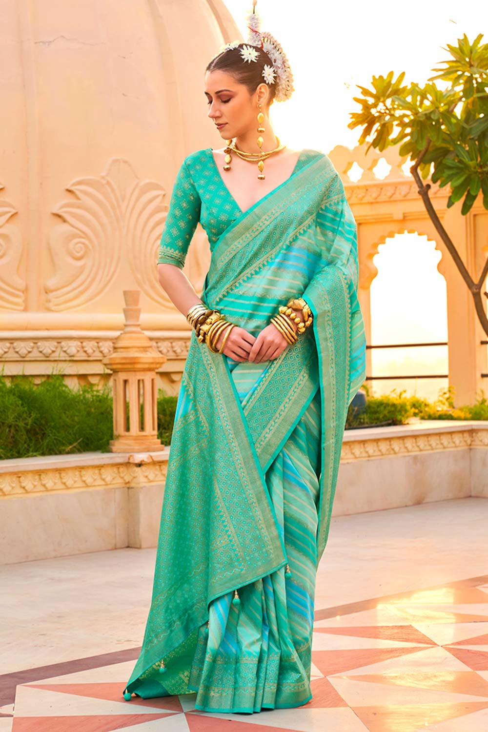 Foil Print Turquoise Contemporary Silk Saree