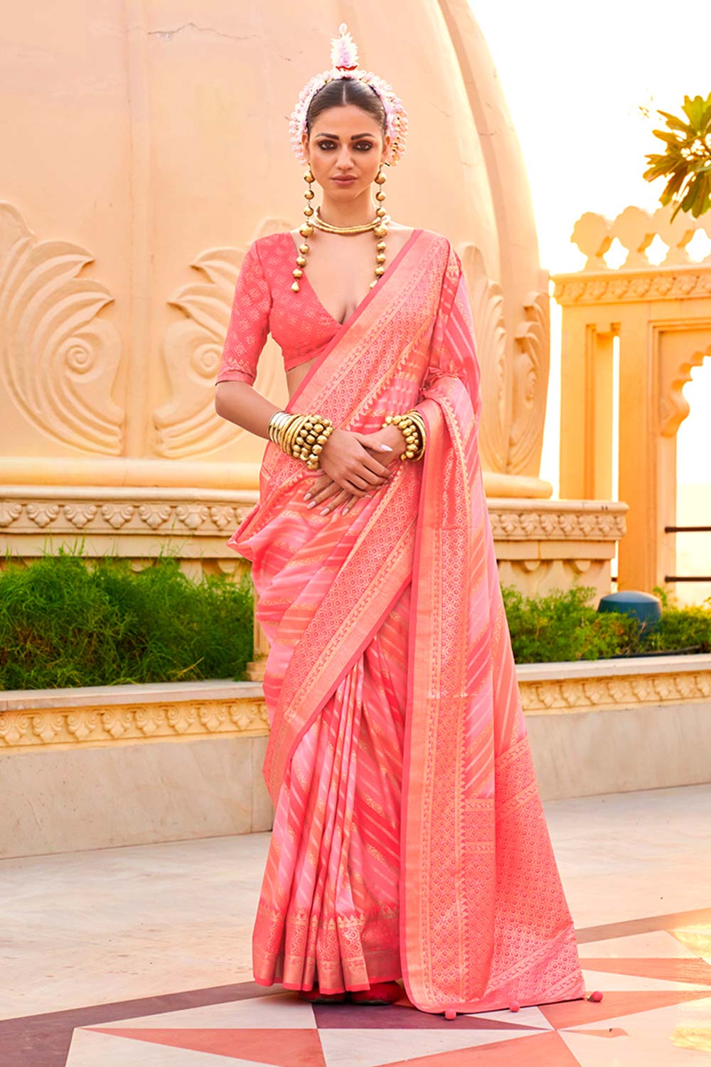 Foil Print Peach Silk Ceremonial Saree