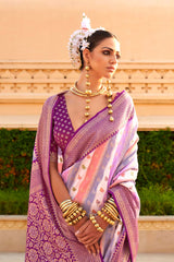 Purple Silk Foliage Prints Contemporary Saree