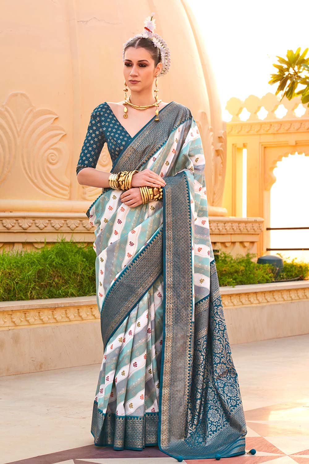 Saree Foil Print Silk in Teal