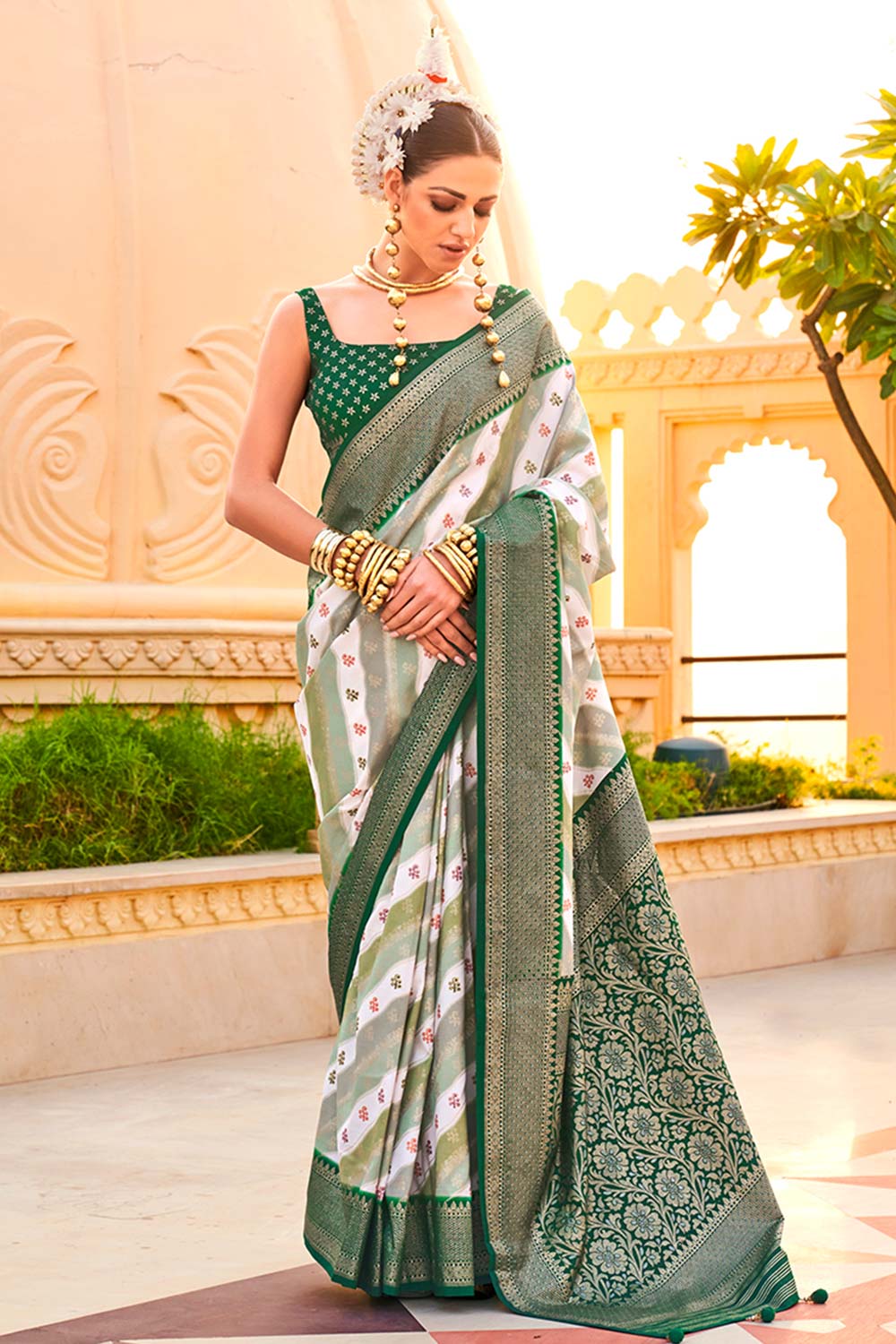 Green Silk Foil Print Classic Saree