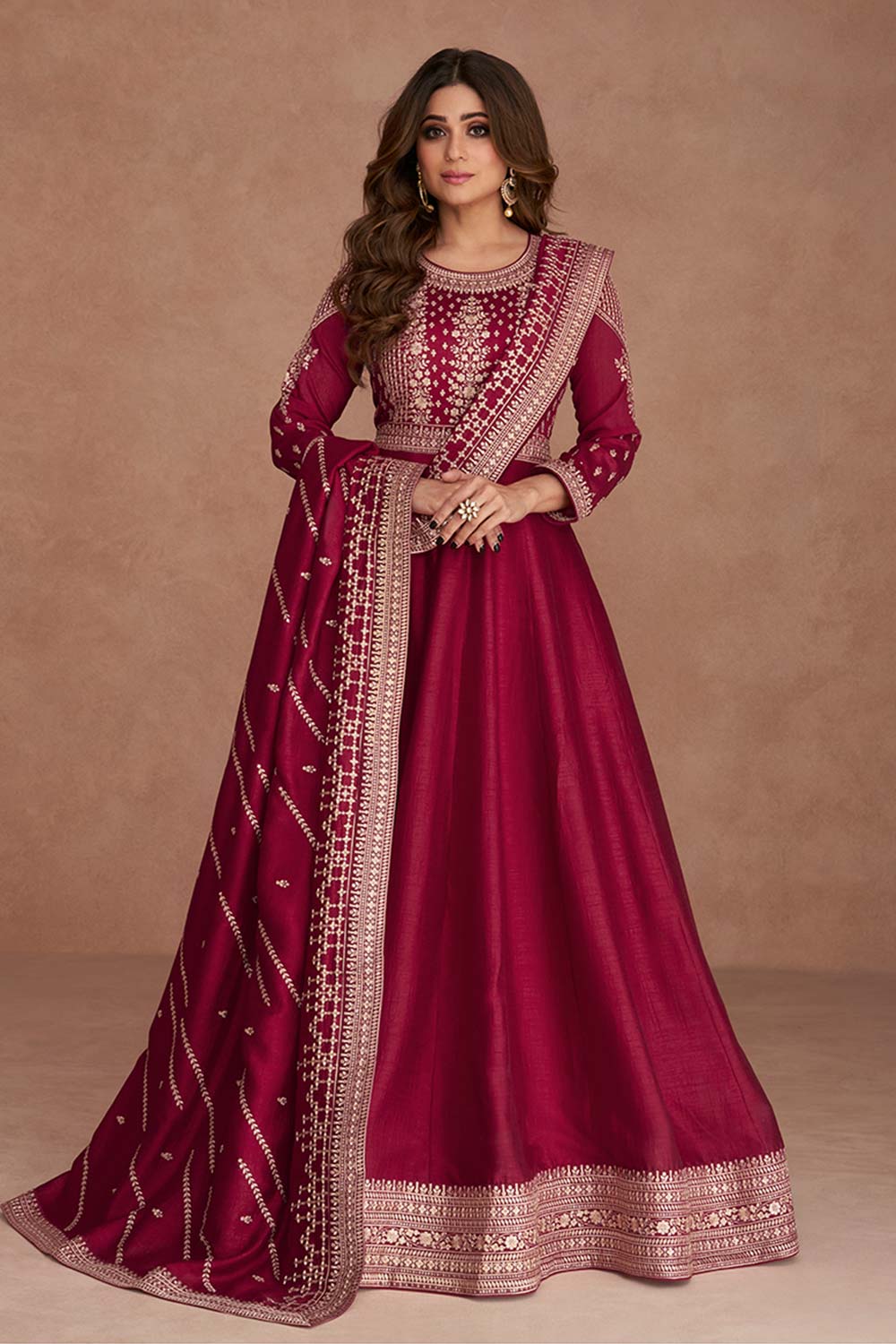 Burgundy Silk Embroidered Anarkali Salwar Kameez