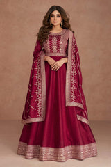 Burgundy Silk Embroidered Anarkali Salwar Kameez