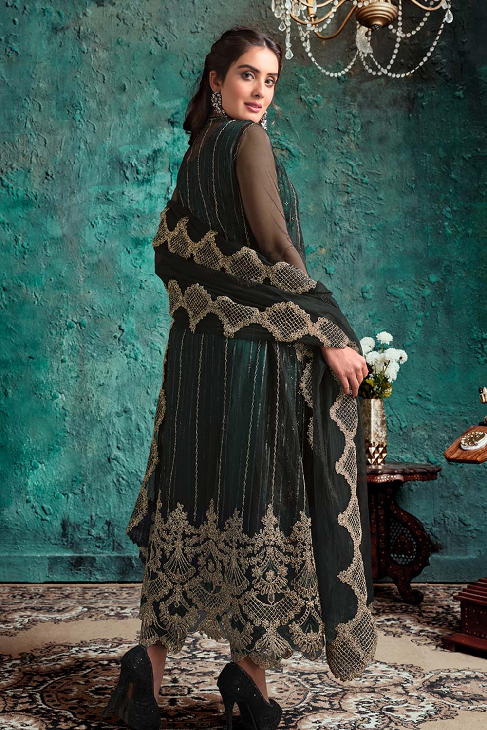 Dark Green Net Embroidered Salwar Kameez