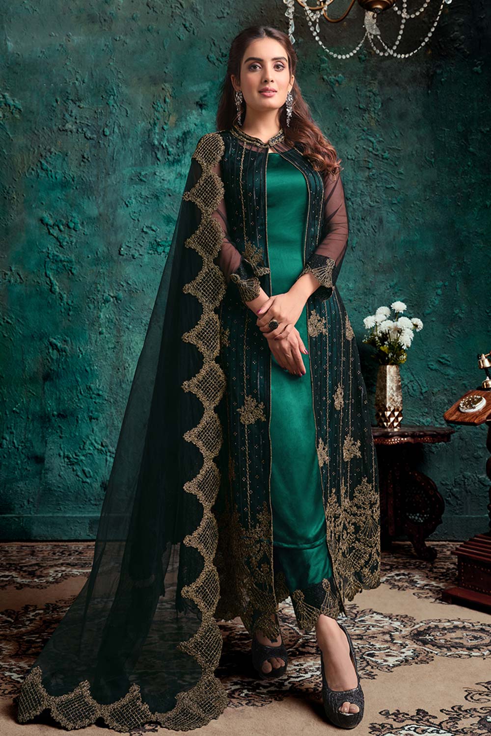 Dark Green Net Embroidered Salwar Kameez