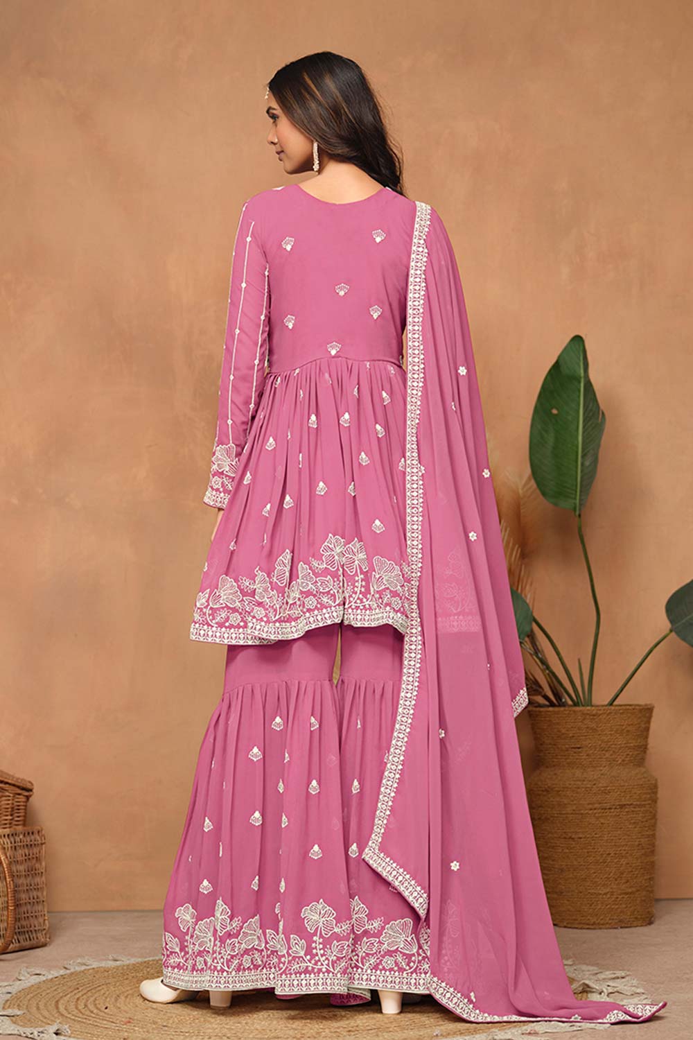 Faux Georgette Pink Embroidered Trendy Salwar Kameez