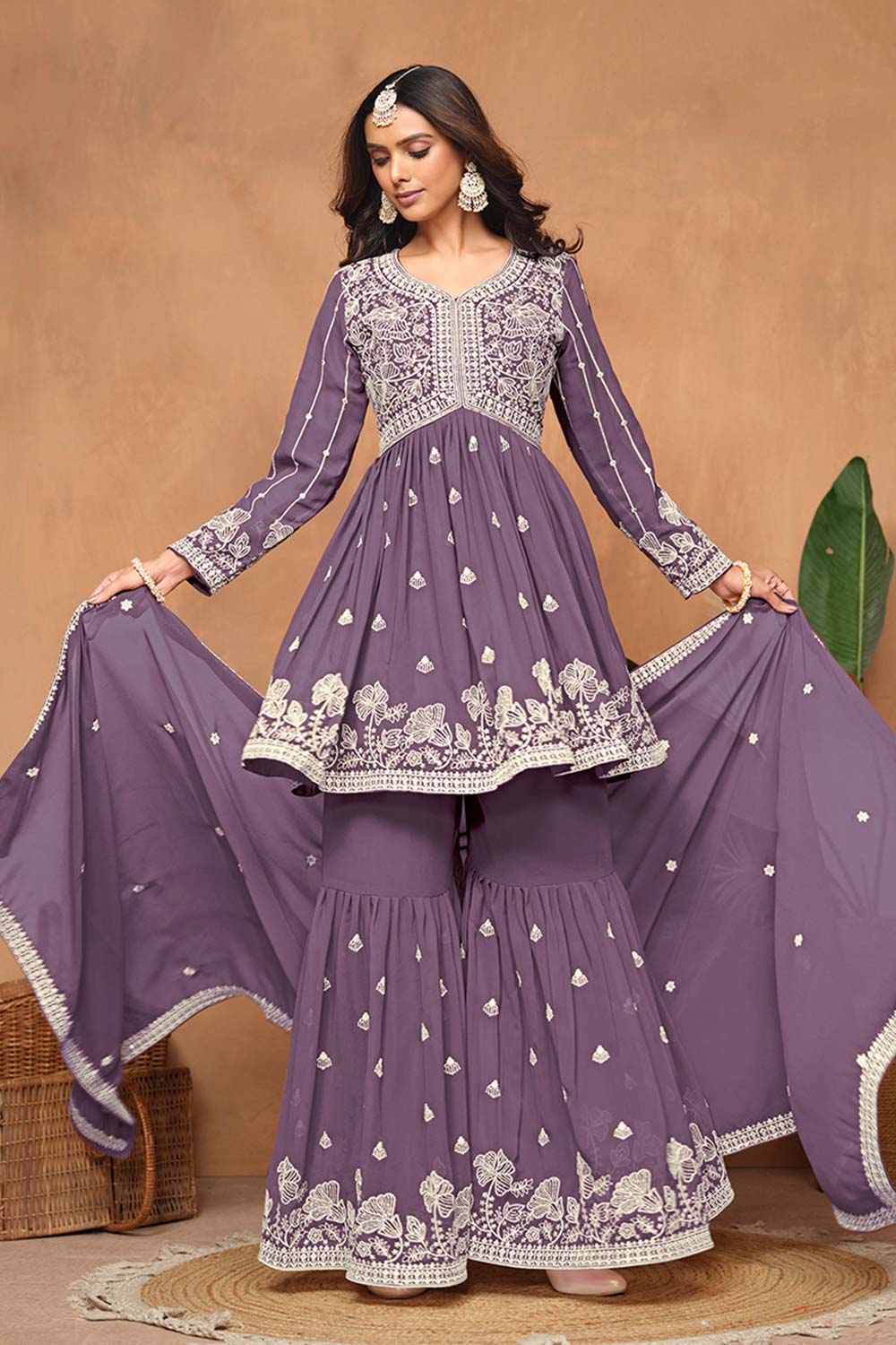 Faux Georgette Purple Embroidered Trendy Salwar Kameez