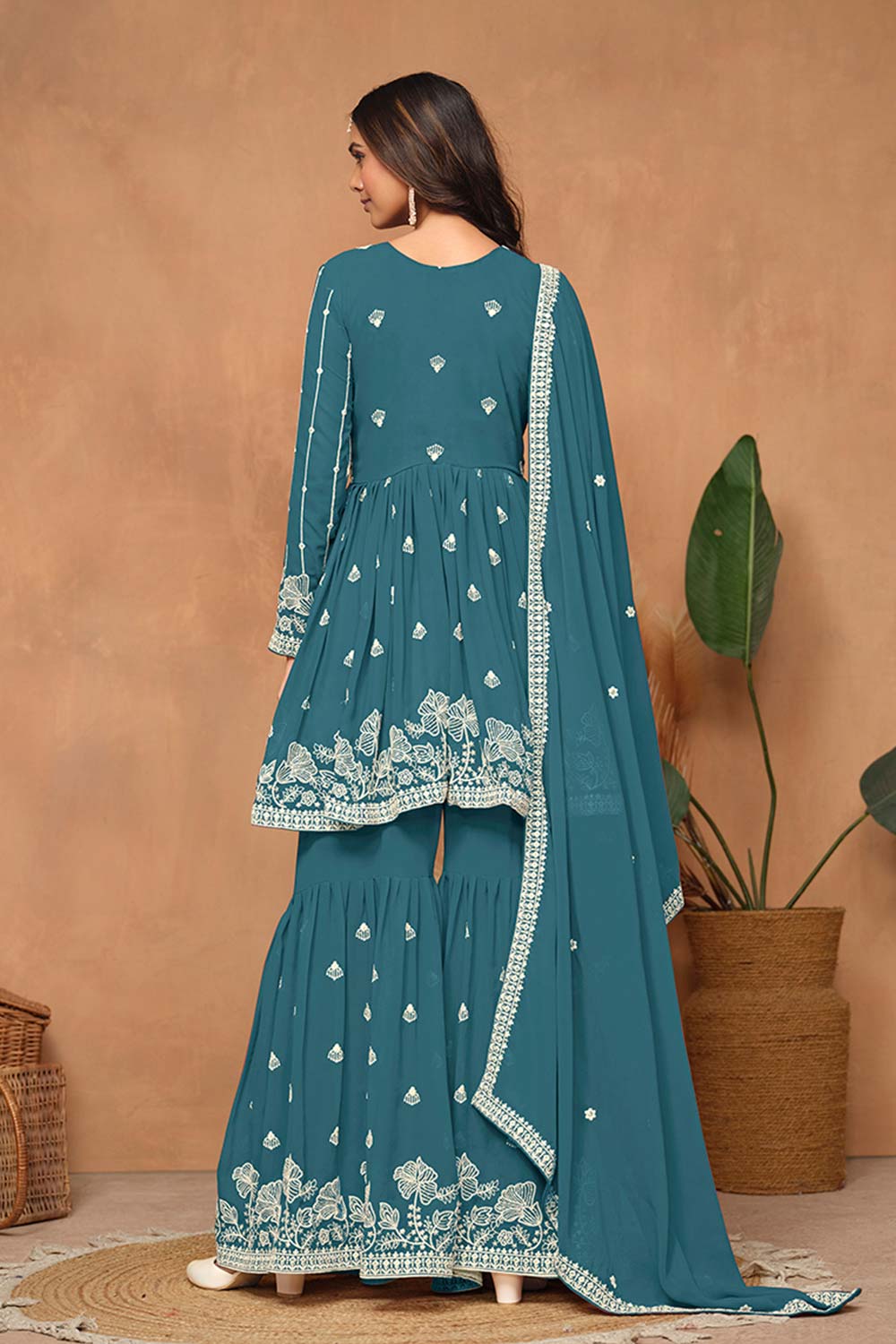 Faux Georgette Teal Embroidered Trendy Salwar Kameez