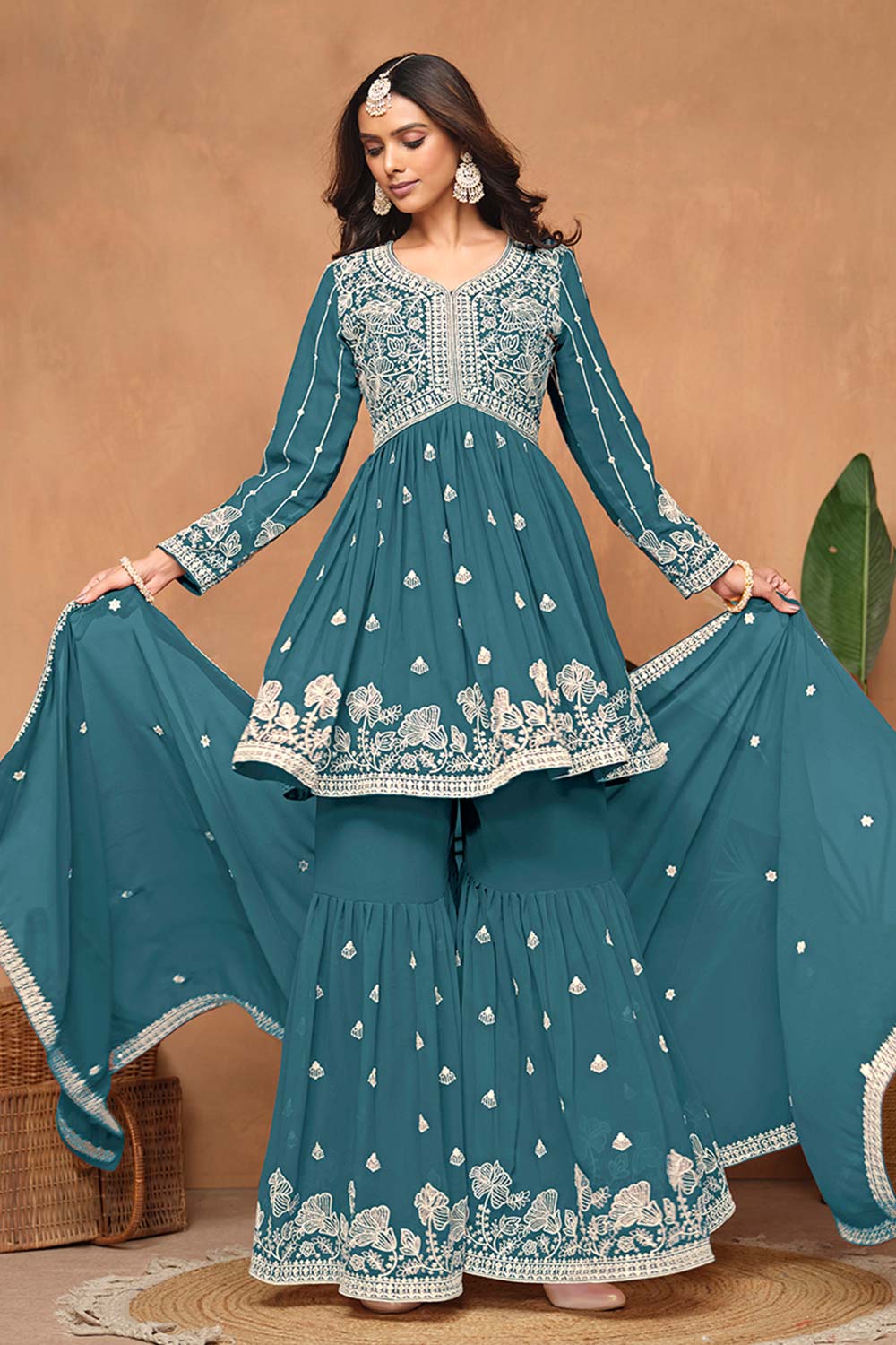 Faux Georgette Teal Embroidered Trendy Salwar Kameez