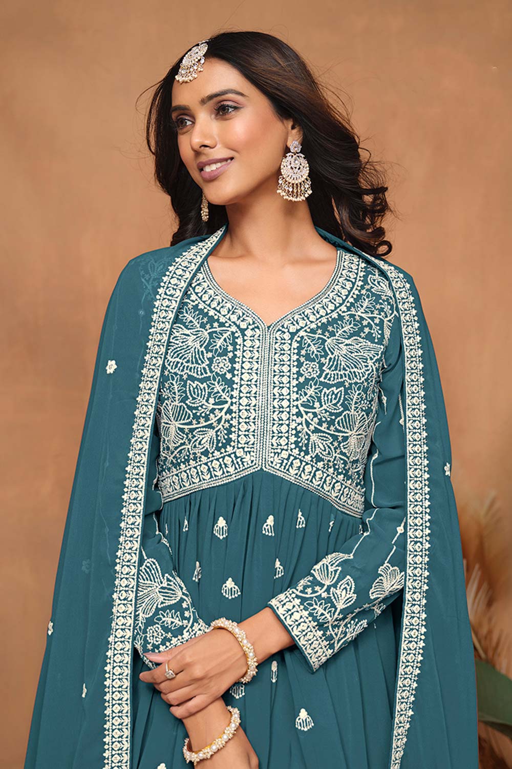 Faux Georgette Teal Embroidered Trendy Salwar Kameez