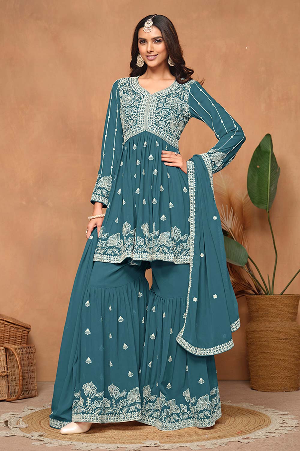 Faux Georgette Teal Embroidered Trendy Salwar Kameez