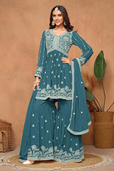 Faux Georgette Teal Embroidered Trendy Salwar Kameez