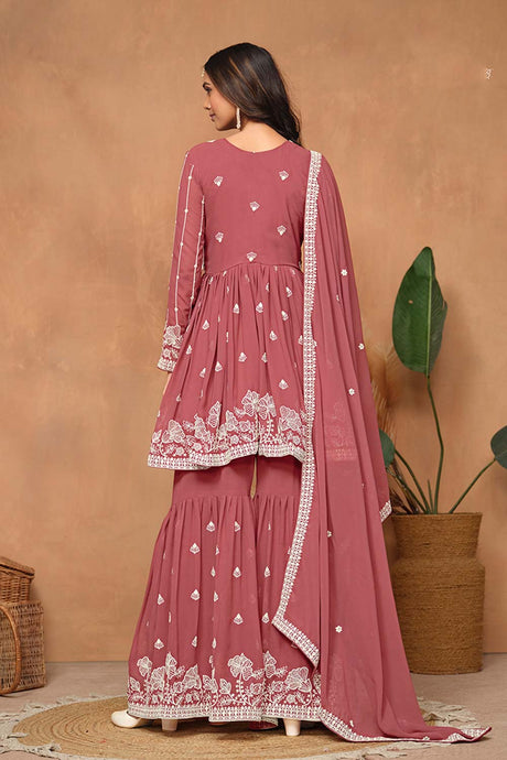 Faux Georgette Rose Pink Embroidered Trendy Salwar Kameez