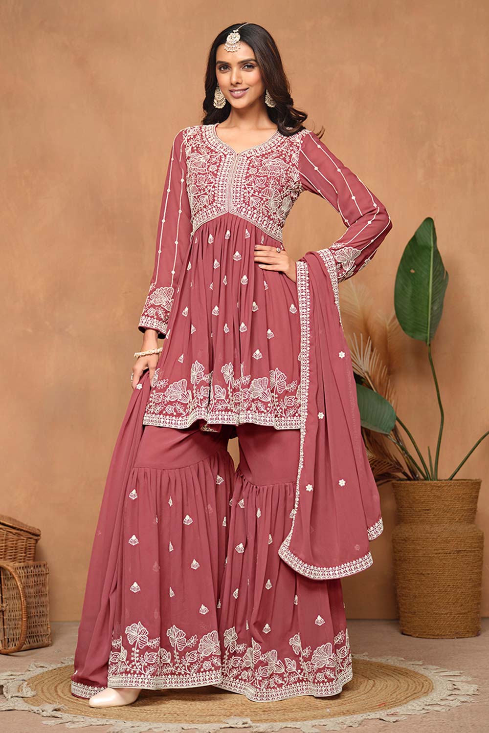 Faux Georgette Rose Pink Embroidered Trendy Salwar Kameez