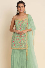 Faux Georgette Embroidered Sequins Work Turquoise Trendy Salwar Kameez