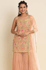 Peach Embroidered Sequins Work Faux Georgette Designer Salwar Kameez