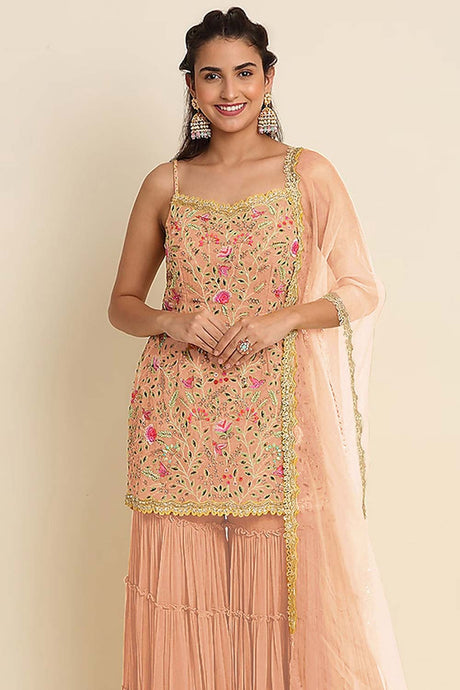 Peach Embroidered Sequins Work Faux Georgette Designer Salwar Kameez