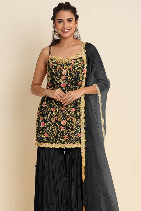 Black Faux Georgette Embroidered Sequins Work Readymade Salwar Kameez