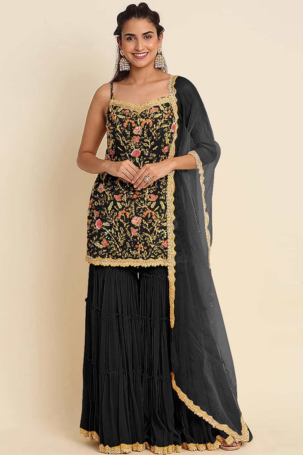 Black Faux Georgette Embroidered Sequins Work Readymade Salwar Kameez