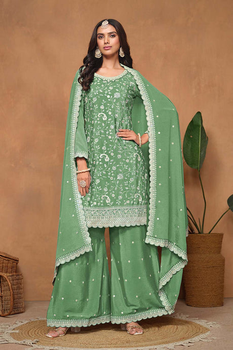 Embroidered Light Green Chinon Designer Salwar Suit