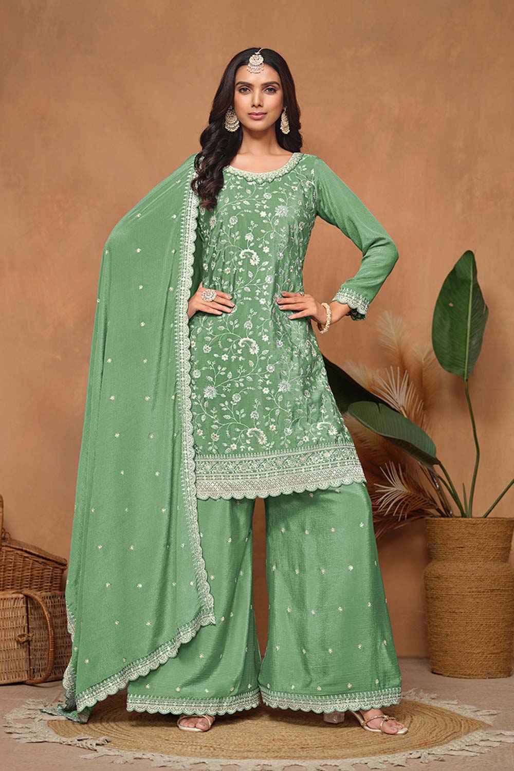 Embroidered Light Green Chinon Designer Salwar Suit