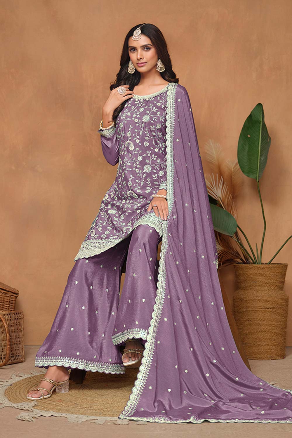 Chinon Embroidered Lavender Trendy Salwar Suit