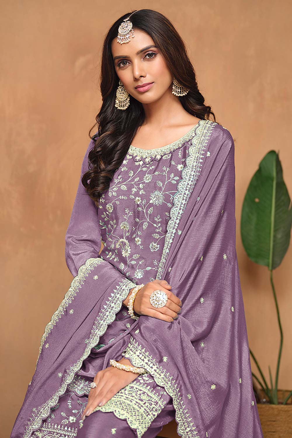 Chinon Embroidered Lavender Trendy Salwar Suit