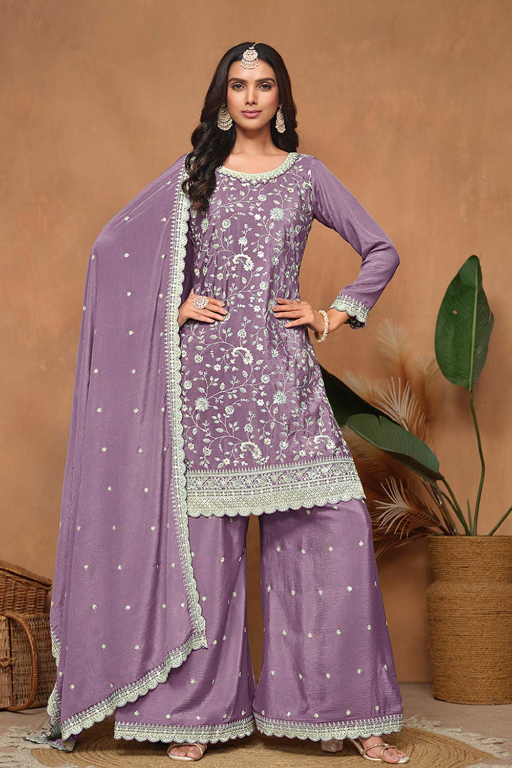 Chinon Embroidered Lavender Trendy Salwar Suit