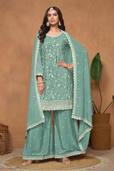 Chinon Turquoise Embroidered Salwar Kameez For Ceremonial