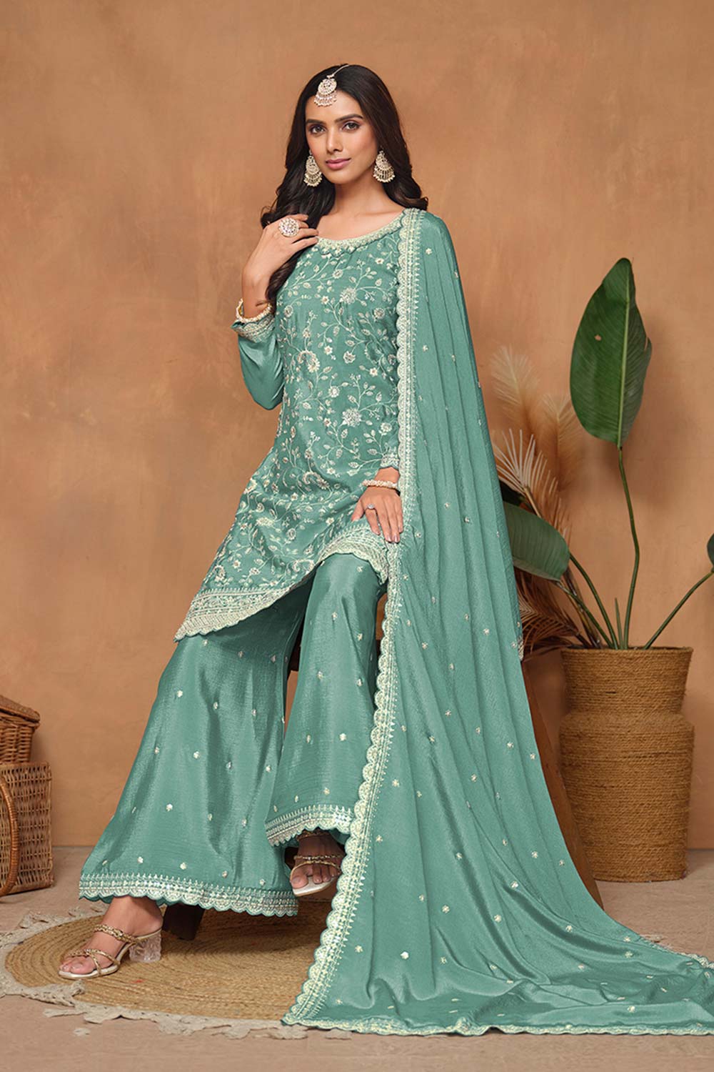 Chinon Turquoise Embroidered Salwar Kameez For Ceremonial