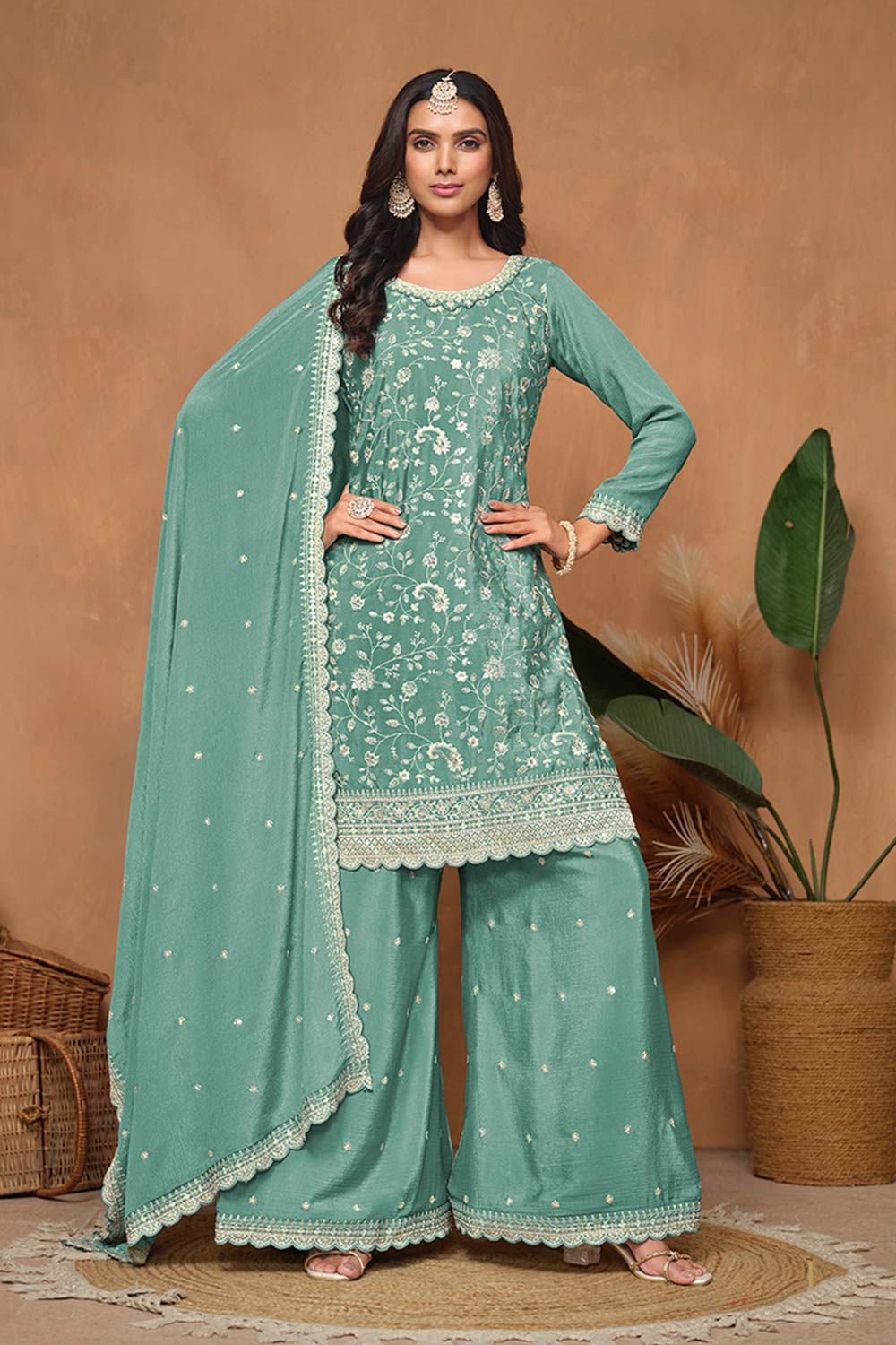 Chinon Turquoise Embroidered Salwar Kameez For Ceremonial