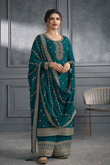 Teal Art Silk Embroidered Sequence Work Salwar Kameez