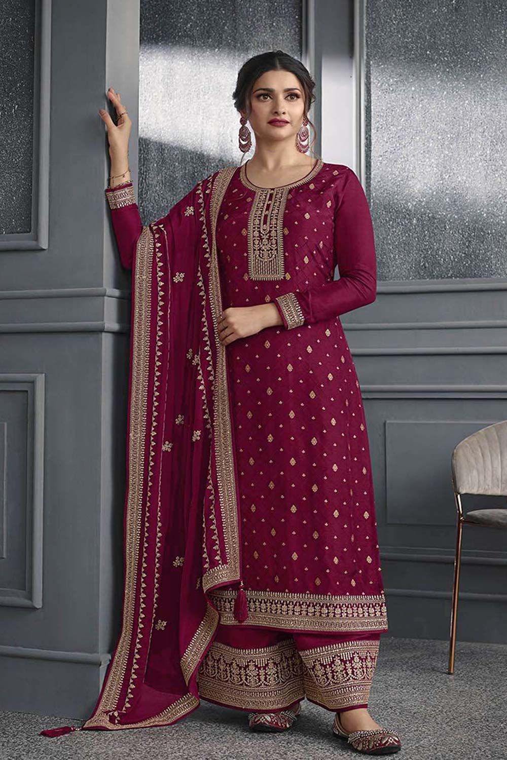 Art Silk Embroidered Sequence Work Burgundy Trendy Salwar Suit