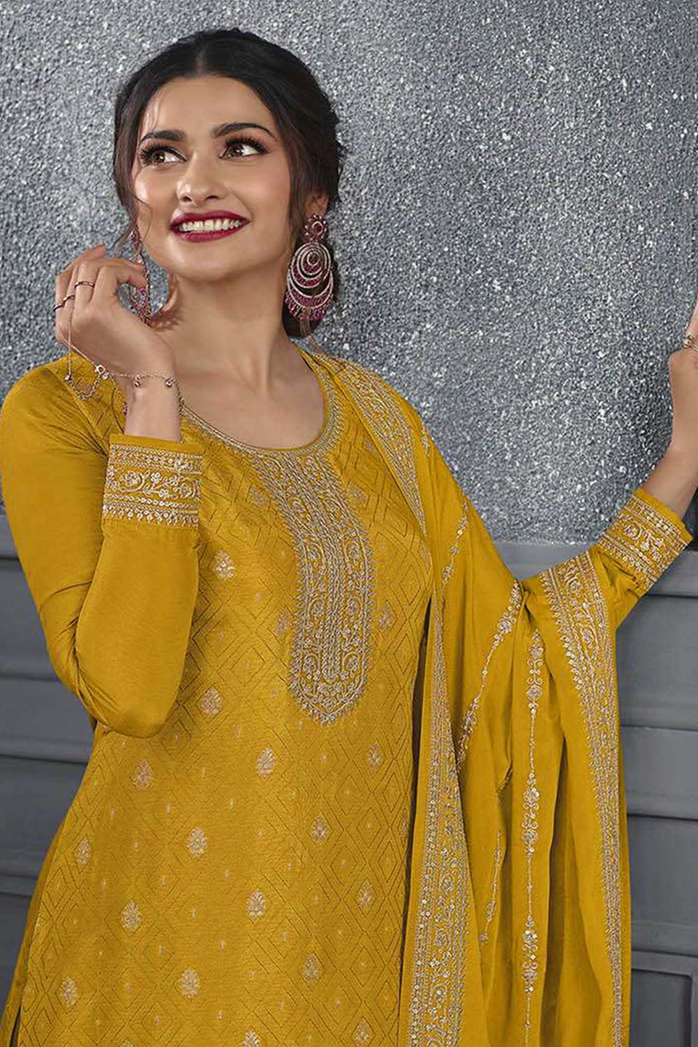 Art Silk Mustard Embroidered Sequence Work Salwar Kameez For Party