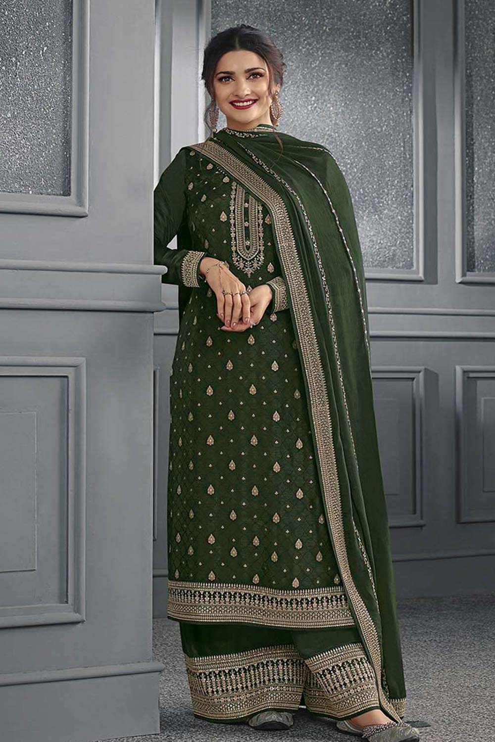 Art Silk Dark Olive Embroidered Sequence Work Trendy Salwar Kameez