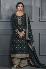 Art Silk Embroidered Sequence Work Dark Teal Trendy Salwar Suit