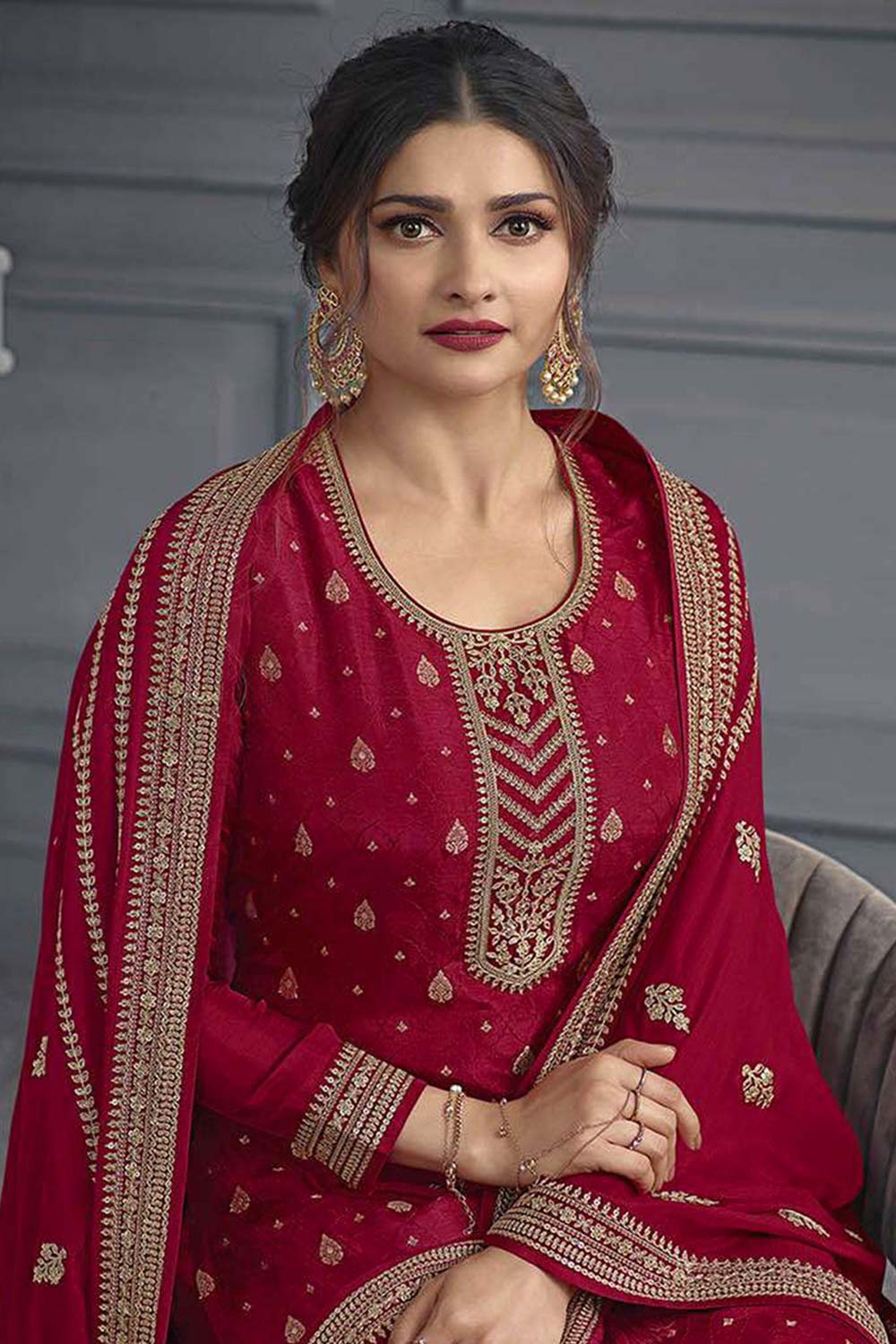 Art Silk Dark Red Embroidered Sequence Work Salwar Kameez