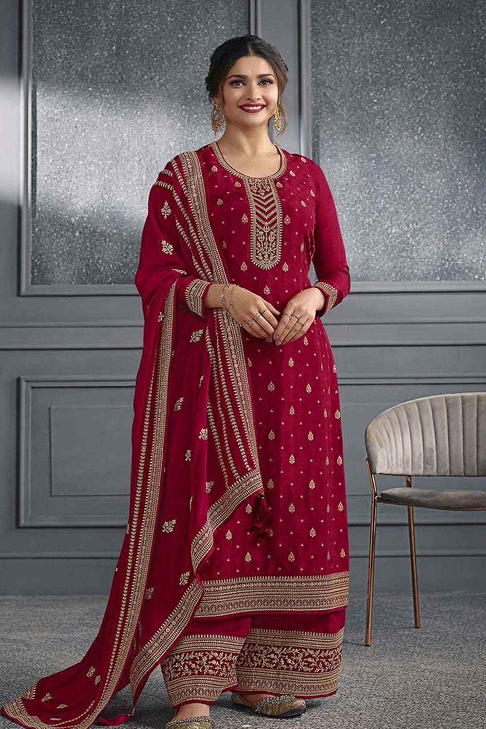 Art Silk Dark Red Embroidered Sequence Work Salwar Kameez