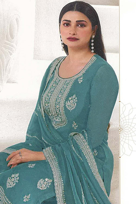 Light Teal Organza Embroidered Readymade Salwar Kameez