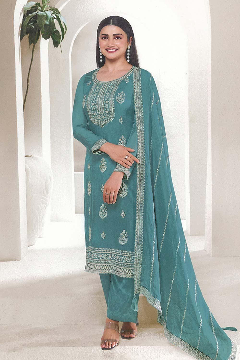 Light Teal Organza Embroidered Readymade Salwar Kameez